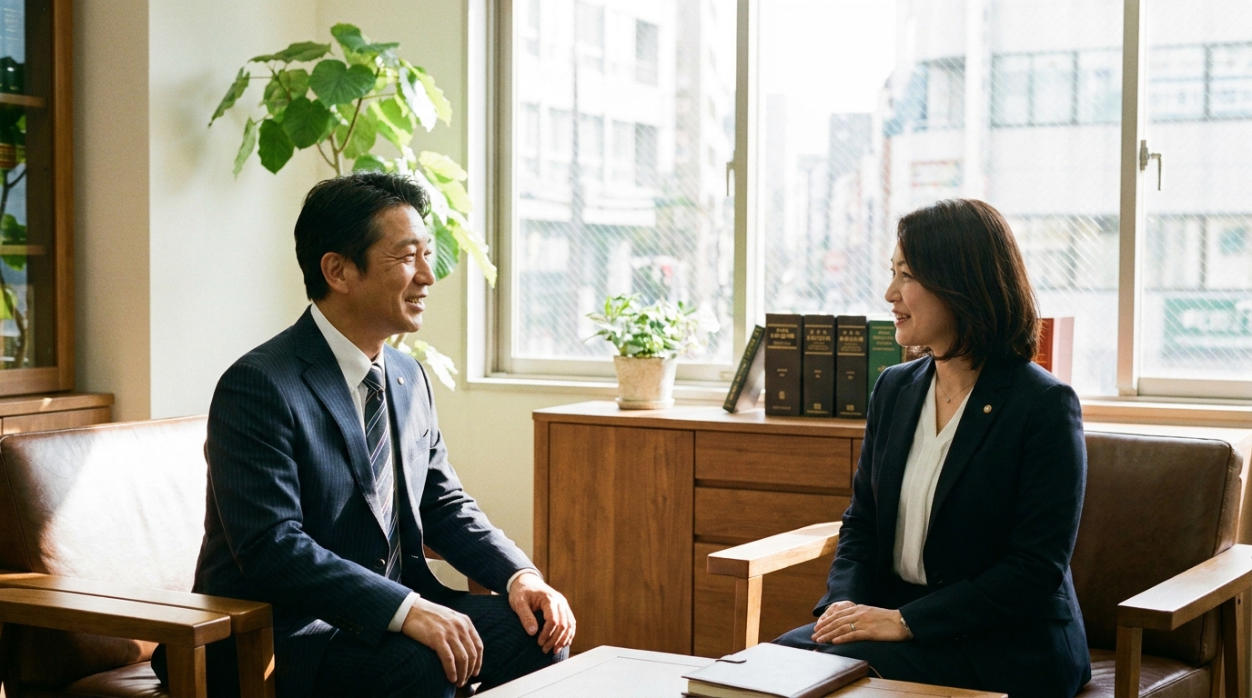弁護士に相談し、問題解決への道筋が見えたことで安堵の表情を浮かべる男性。先払い業者の悩みから解放される希望を表している。