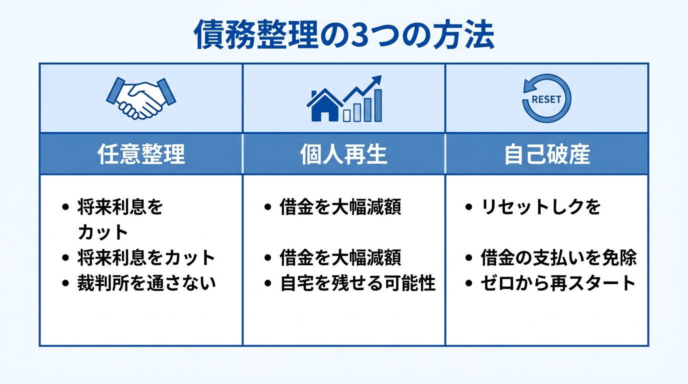 債務整理の3つの方法である任意整理、個人再生、自己破産の特徴を比較した表。それぞれのメリットがアイコンと共に分かりやすくまとめられている。