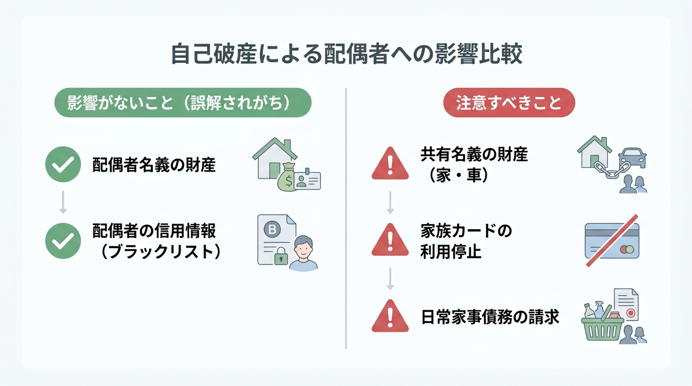 自己破産が配偶者に与える影響をまとめた図解。「影響がないこと」として配偶者名義の財産や信用情報、「注意すべきこと」として共有名義の財産や家族カードが挙げられている。