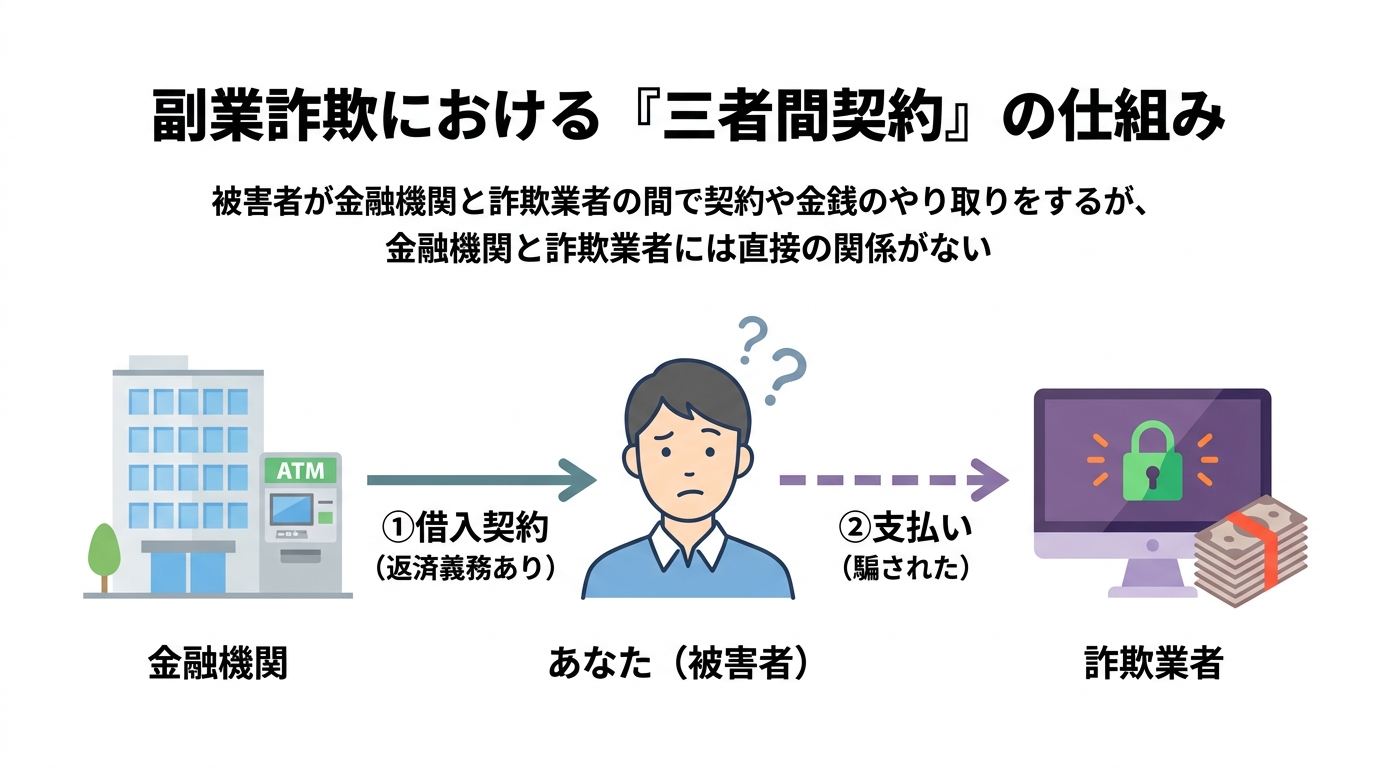 副業詐欺の借金における三者間関係の図解。被害者、金融機関、詐欺業者の関係を示し、金融機関への返済義務が残る理由を説明しています。