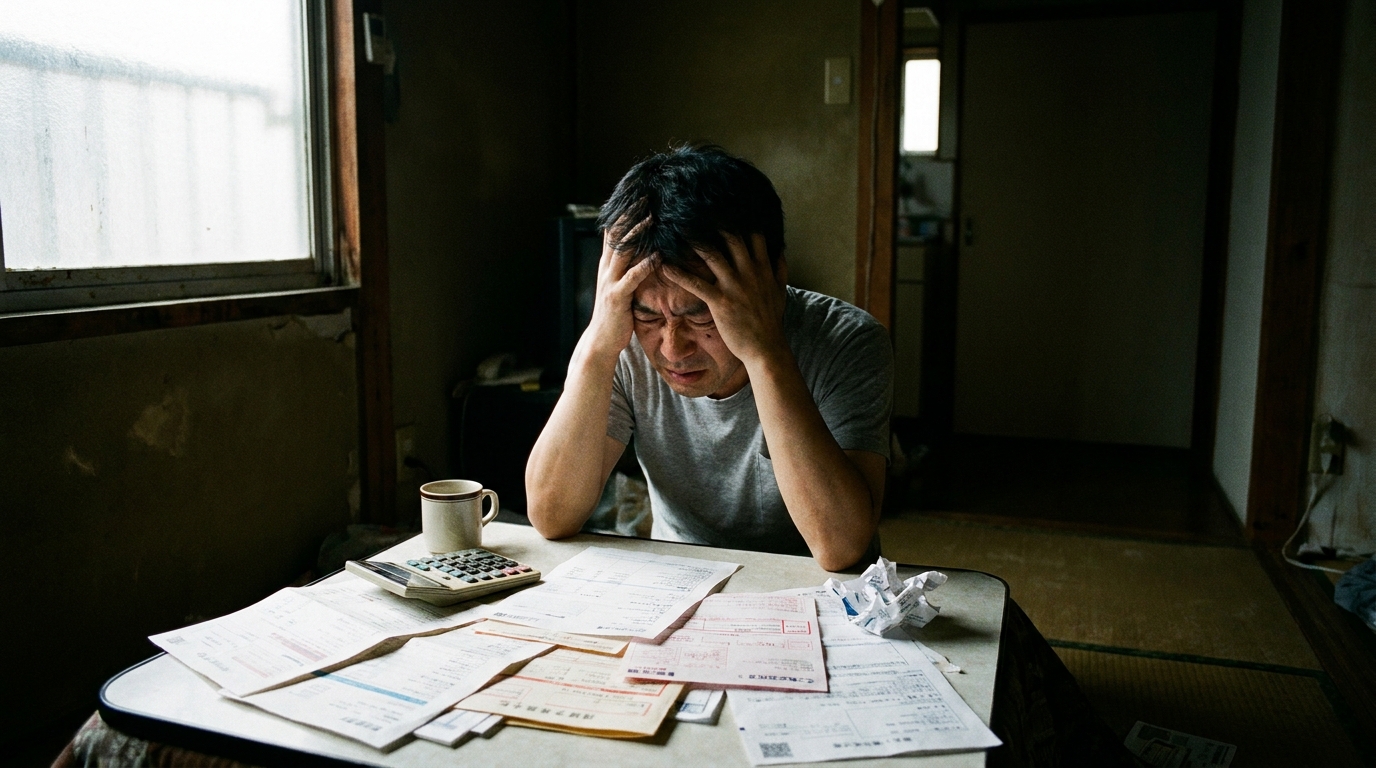 借金の督促状を前にして、一人で悩んでいる男性の様子。自己破産を検討している人の不安な心境を表している。