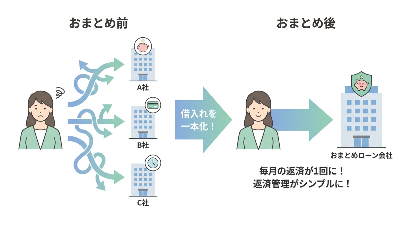 おまとめローンの仕組みを図解。複数の金融機関への返済が、一つのローン会社への返済に一本化される様子が描かれている。