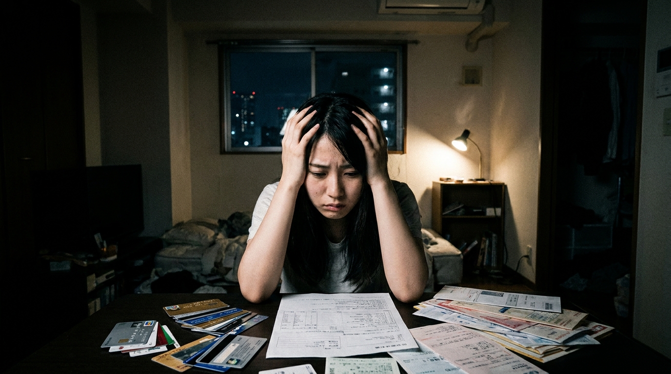 リボ払いの請求書を前に頭を抱えて悩む女性。返済が終わらない苦しみを表現している。