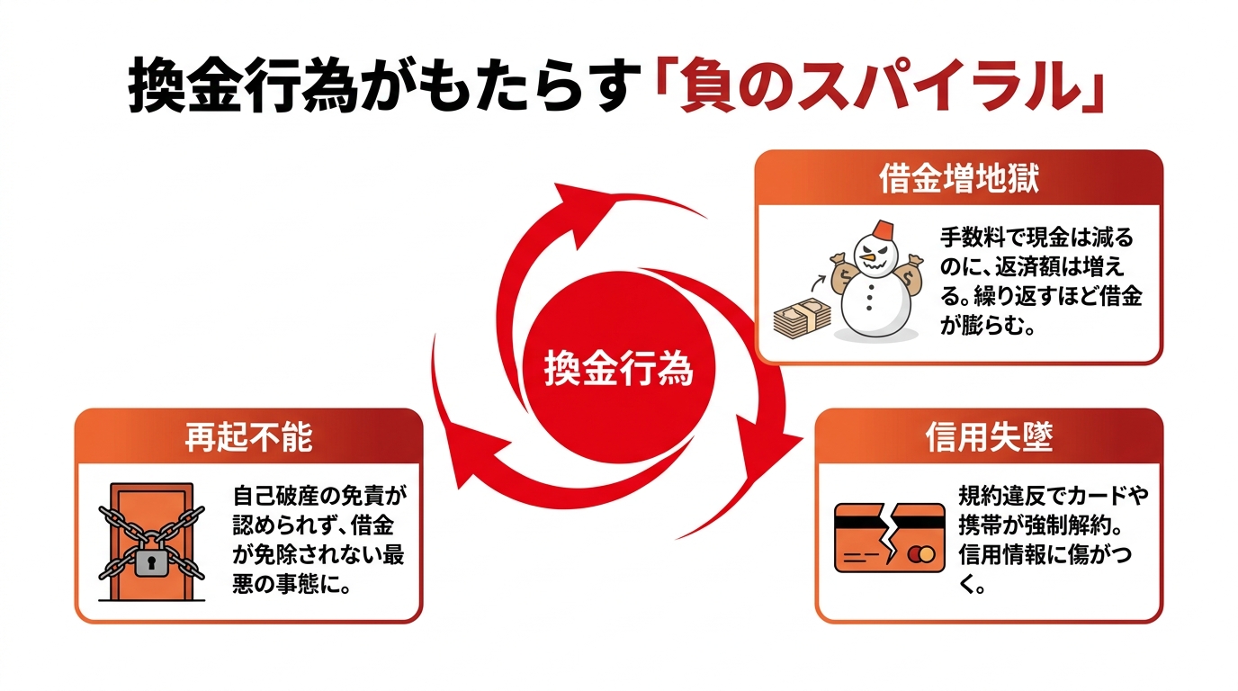 換金行為が引き起こす3つのリスク（借金増、信用失墜、再起不能）を解説する図解。負のスパイラルに陥る危険性を示している。