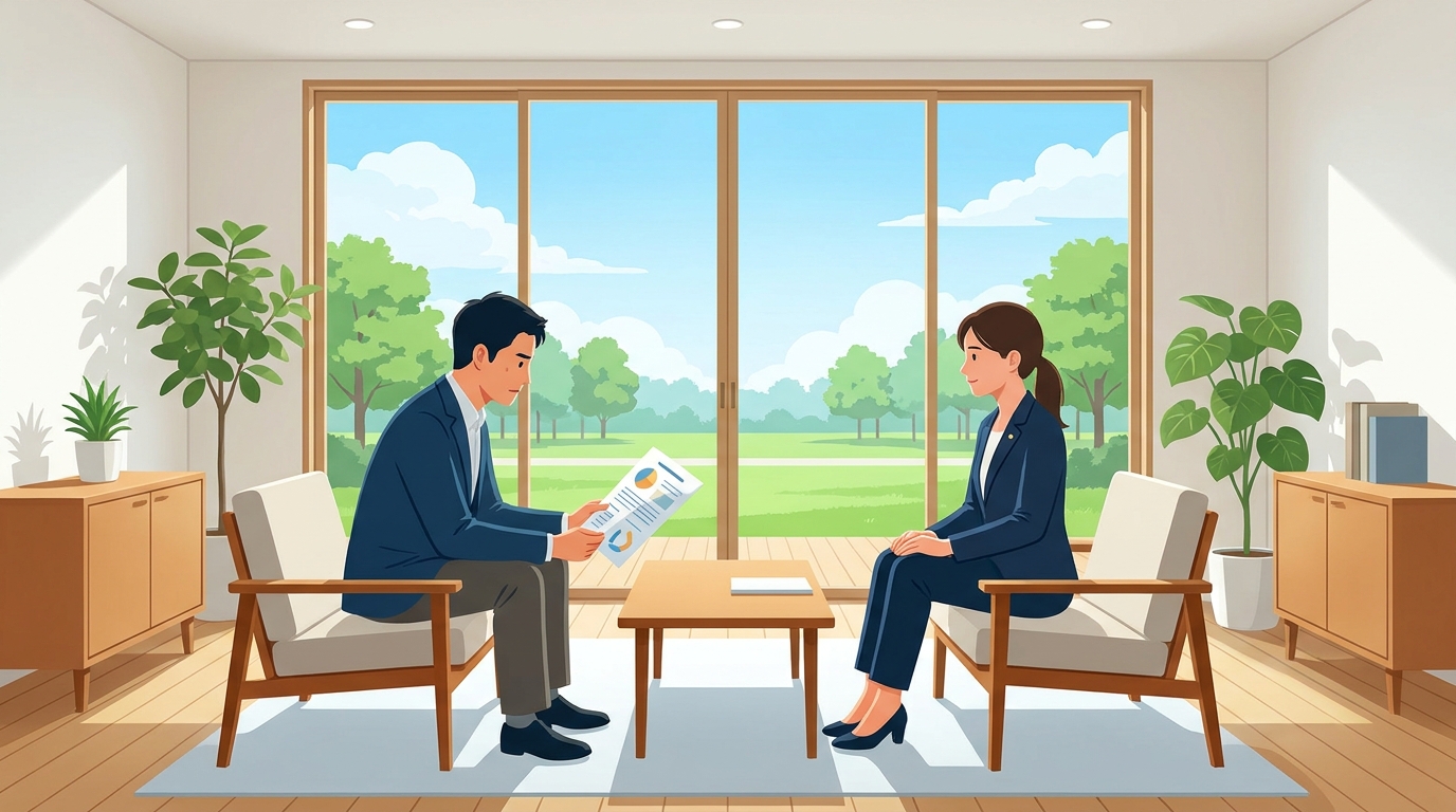 法律事務所で弁護士に相談し、少し安心した表情を浮かべる日本人男性のイラスト。