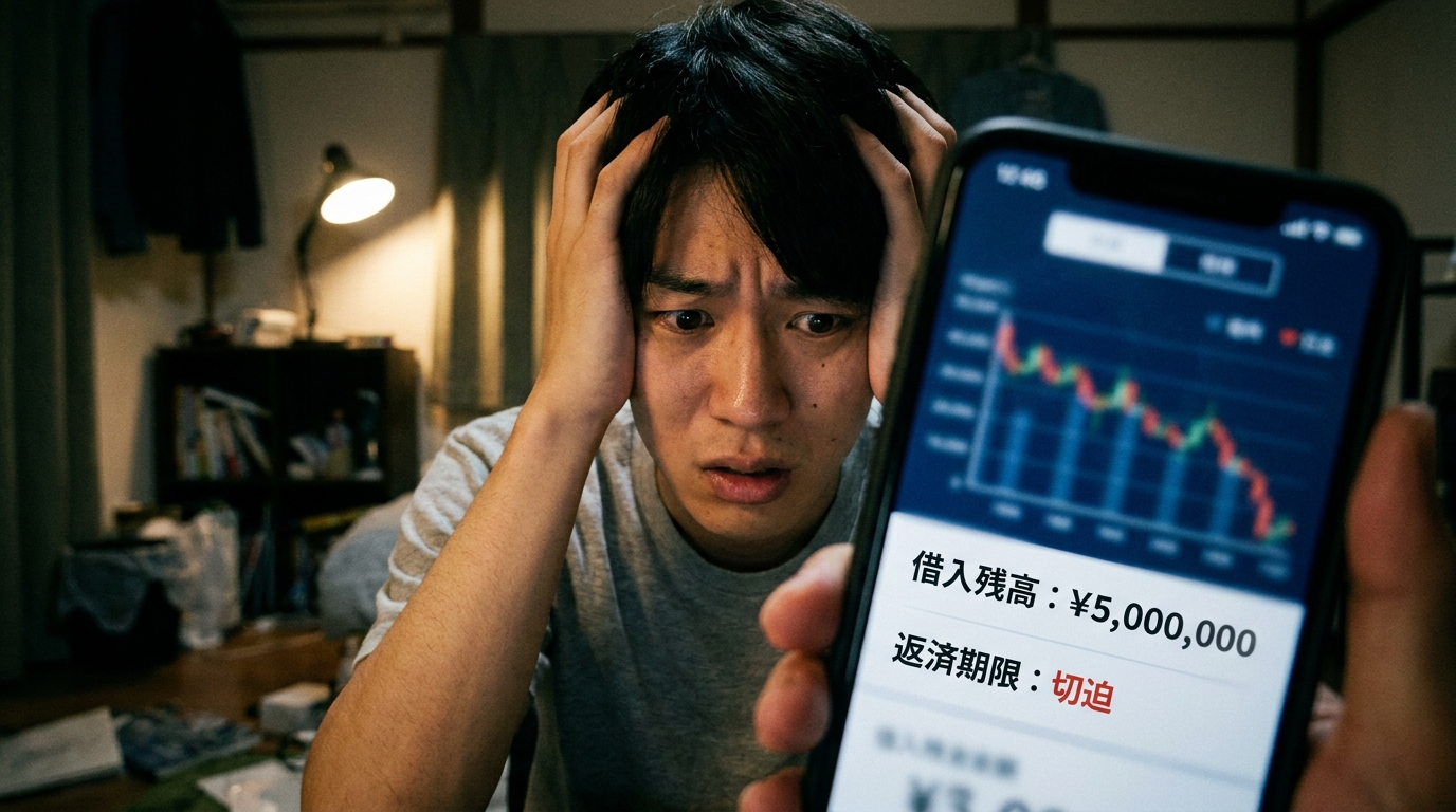 スマートフォンの画面を見て頭を抱える男性。給与前借アプリの利用で借金地獄に陥る危険性を表現している。