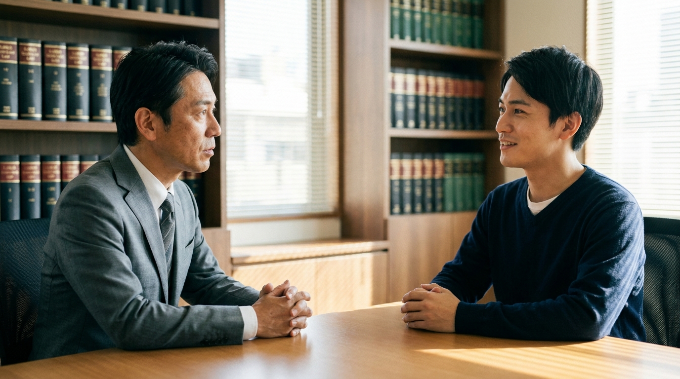 法律事務所で弁護士に相談し、少し安心した表情を浮かべる若い男性。専門家への相談が問題解決の第一歩であることを示唆している。