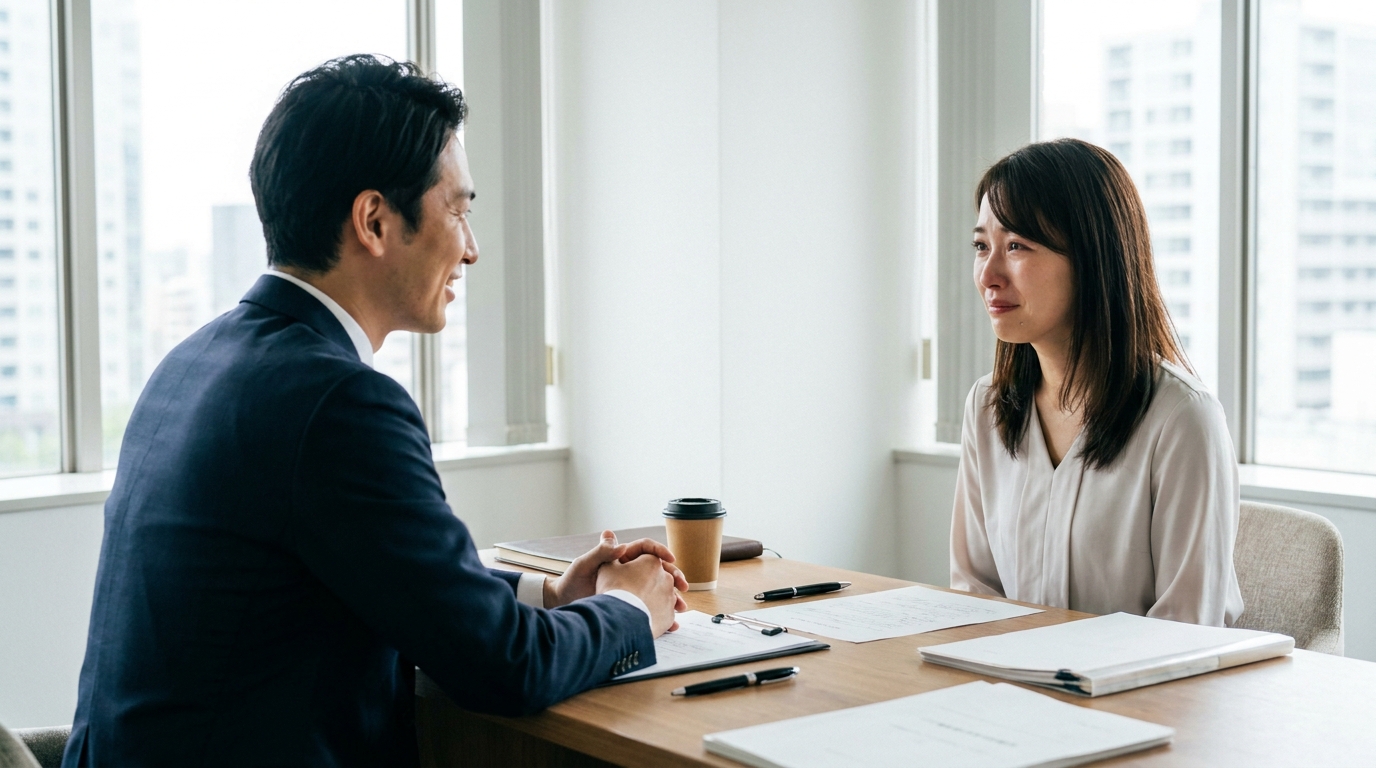 法律事務所で弁護士に相談し、安心した表情を浮かべる相談者。借金問題の解決への希望が見えた瞬間を表しています。