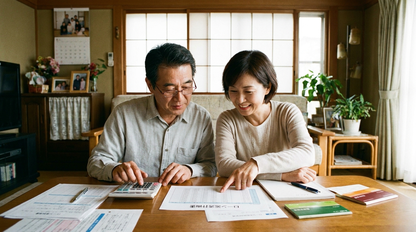 おまとめローンのメリットを考え、返済計画を見直している夫婦。