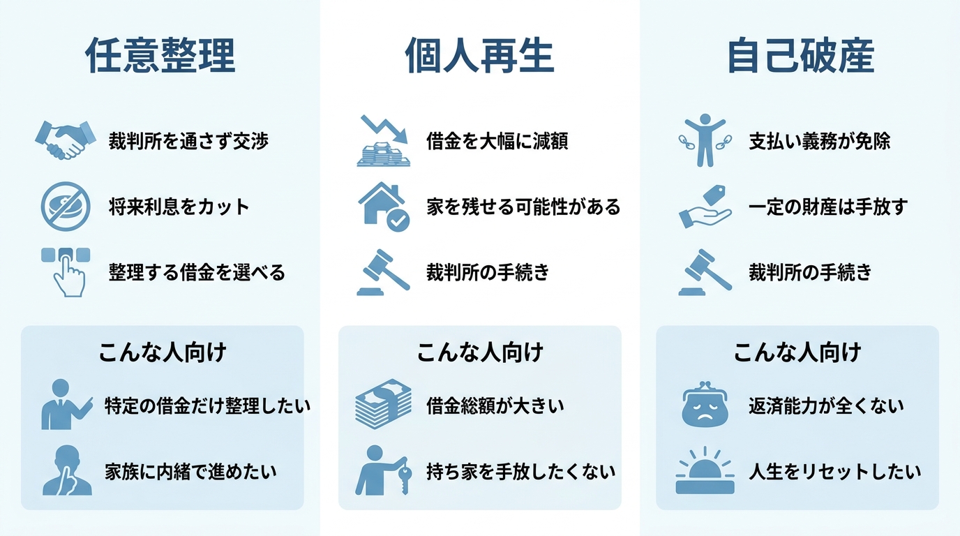 債務整理の3つの方法(任意整理・個人再生・自己破産)を比較した図解。それぞれの特徴と、どのような人に向いているかを分かりやすく解説している。
