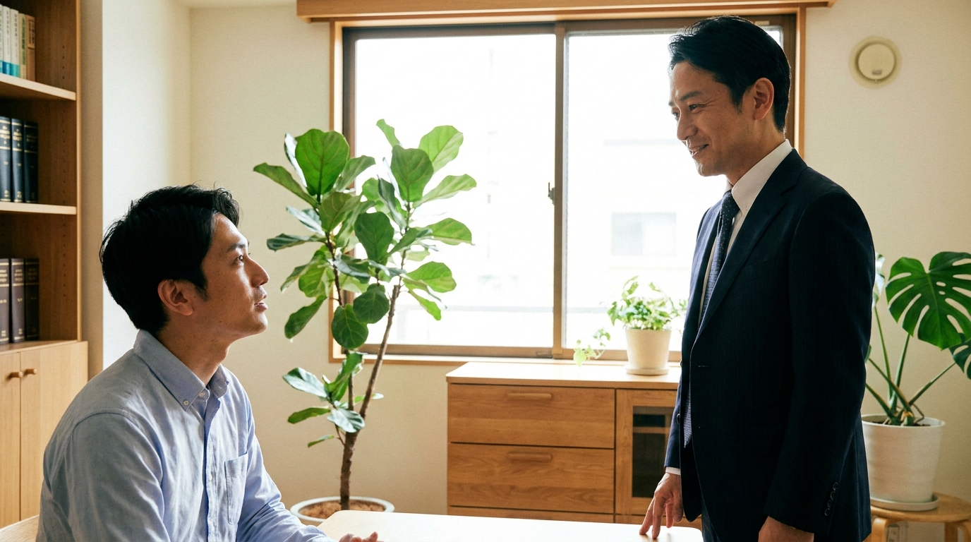 法律事務所で弁護士に相談し、安堵の表情を浮かべる男性。専門家に正直に話すことで問題解決への道が開けることを示している。