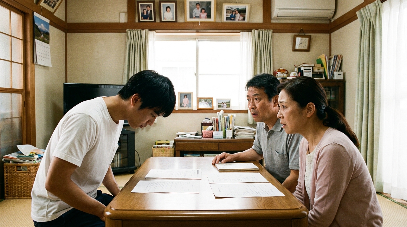 奨学金の問題について、両親に頭を下げて正直に話す息子。家族への誠実なコミュニケーションの重要性を示している。