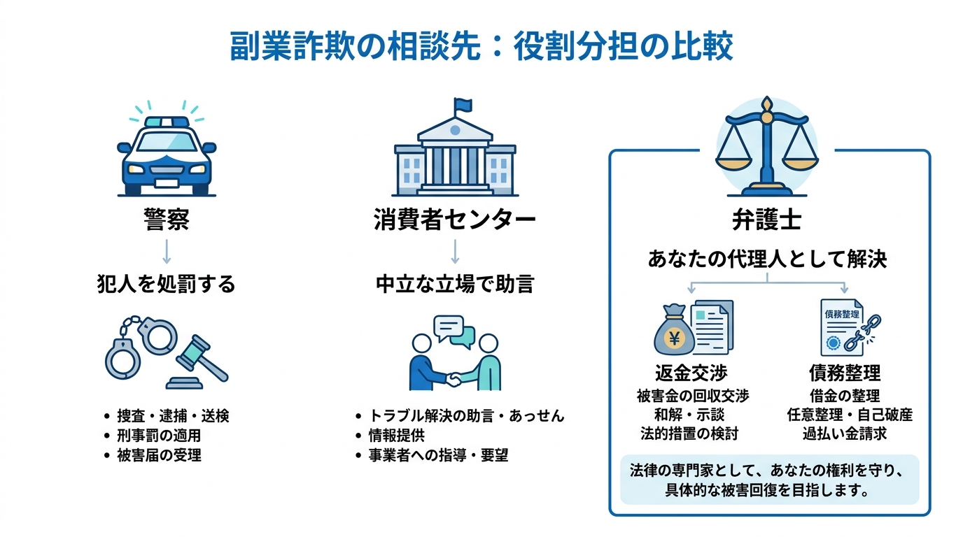 副業詐欺の相談先である警察・消費者センター・弁護士の役割比較図。それぞれの目的とできることの違いを分かりやすく解説しています。