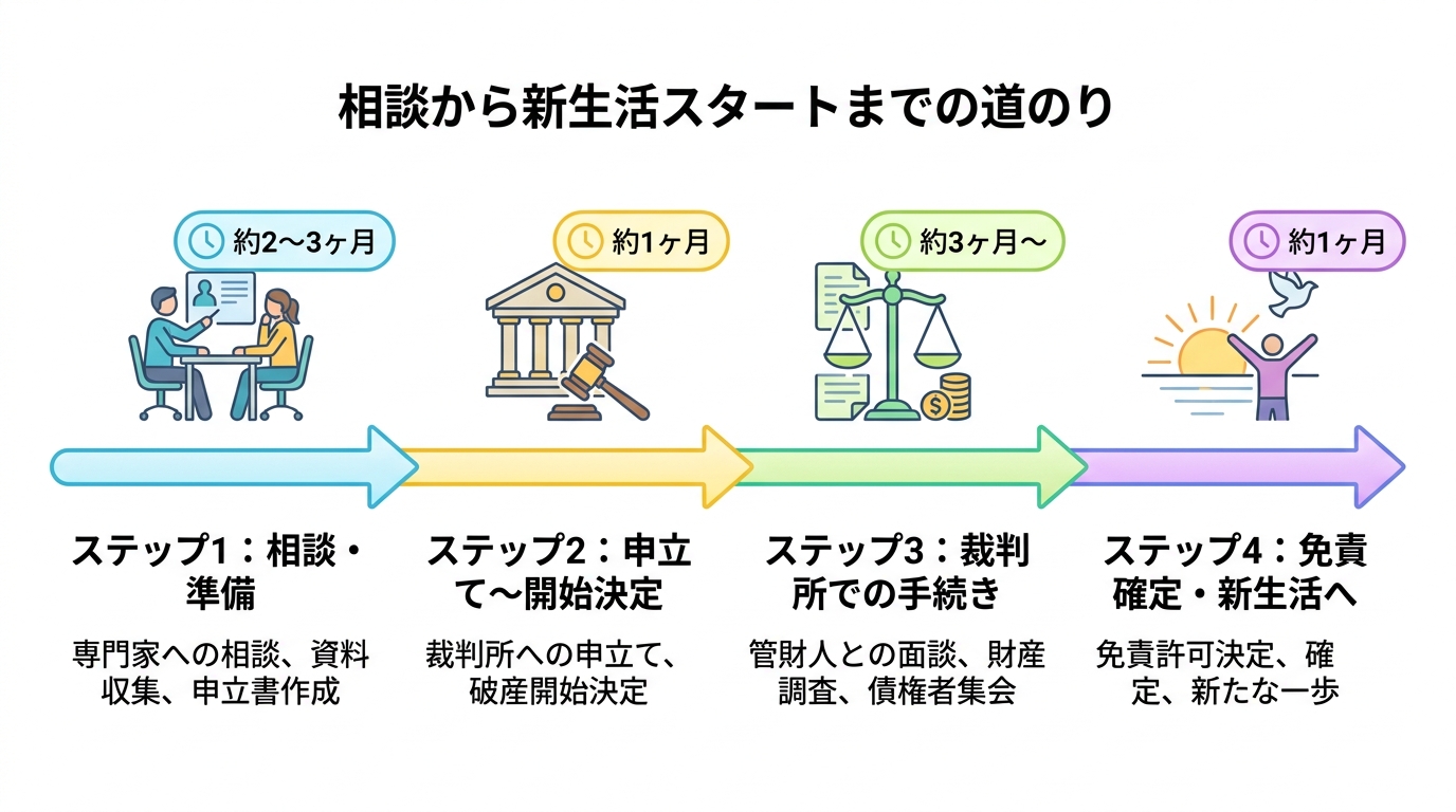 自己破産の手続きを4つのステップ（相談・準備、申立て、裁判所手続き、免責確定）に分け、それぞれの所要期間を示したタイムライン図解。
