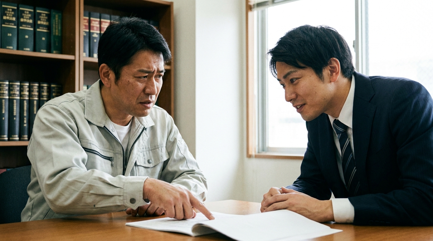 弁護士に借金問題の相談をし、債務整理という選択肢について説明を受けている男性。