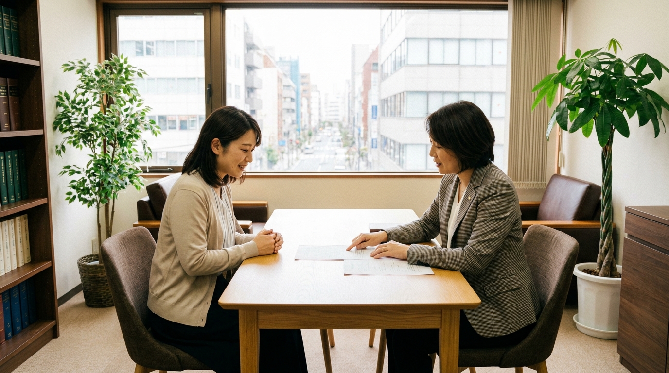 法律事務所で弁護士に相談し、安堵の表情を浮かべる女性。債務整理後の生活について説明を受けている様子。