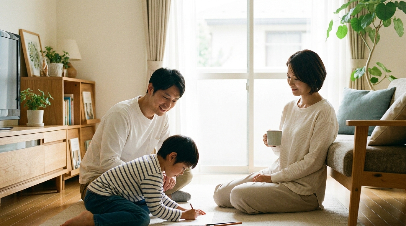 リビングで穏やかな時間を過ごす日本人家族。父親が子供に微笑みかけ、希望に満ちた未来を象徴している。