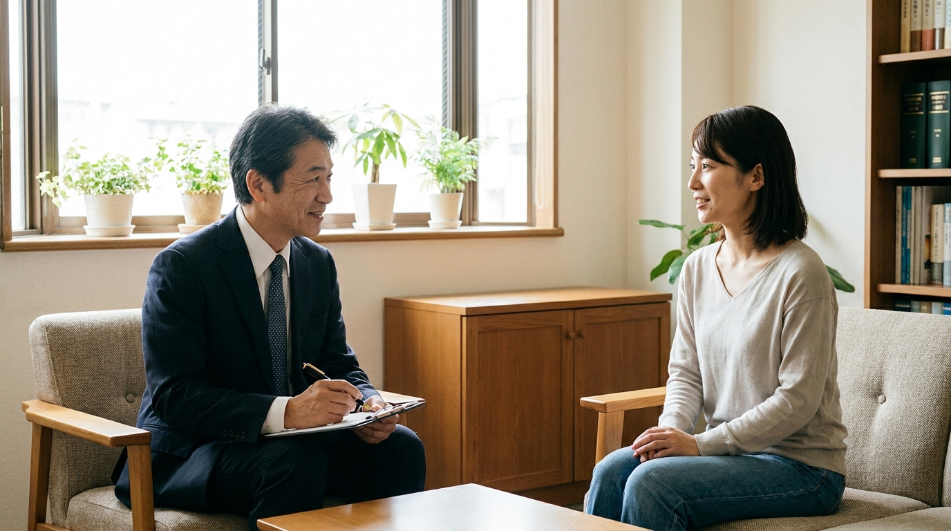 法律事務所で弁護士に相談し、安心した表情を浮かべる女性。専門家への相談の重要性を示している。
