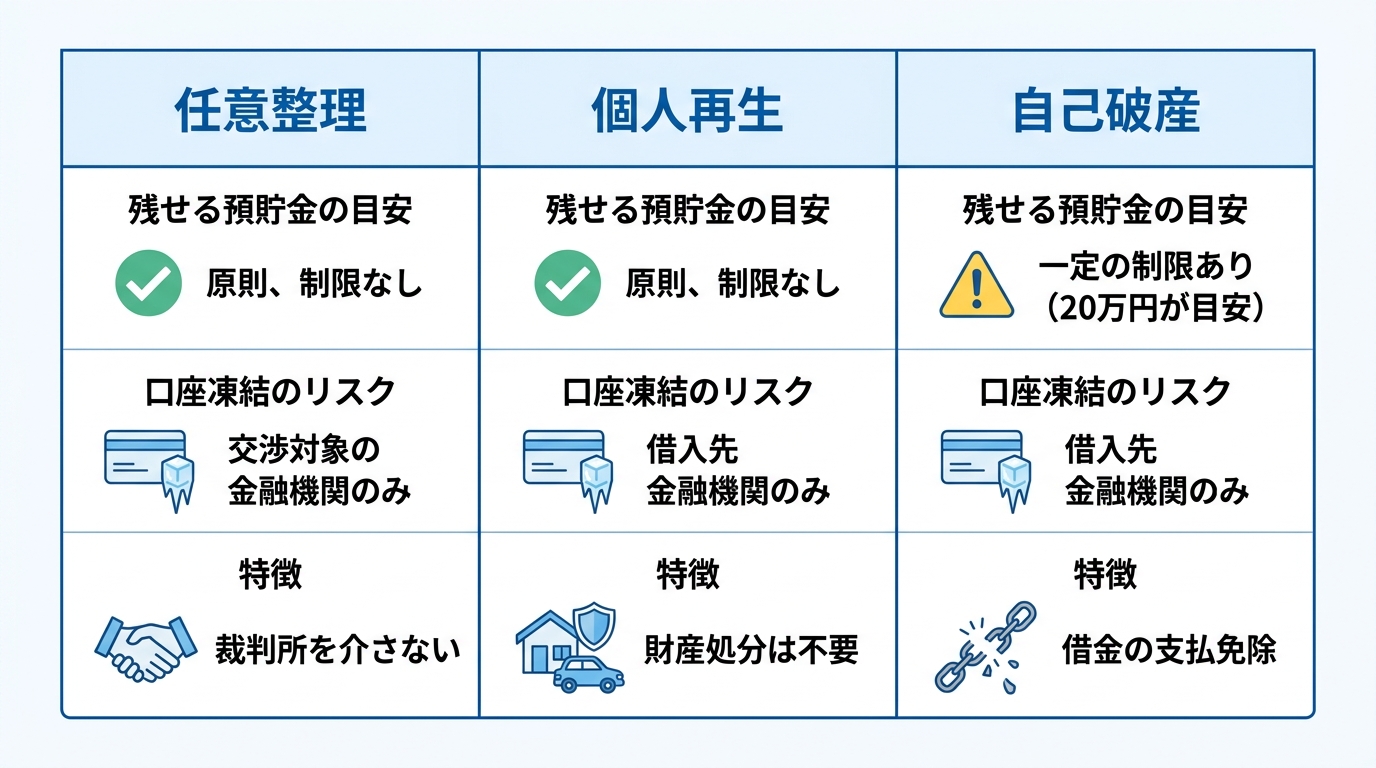債務整理の手続きである任意整理、個人再生、自己破産それぞれで、預貯金がいくら残せるか、口座凍結のリスク、特徴を比較した図解。