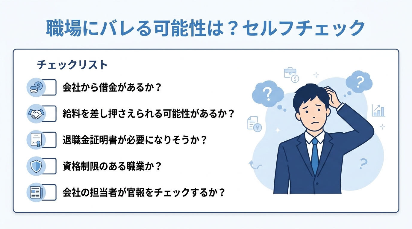 自己破産が会社にバレる可能性を診断する5つの項目のセルフチェックリストの図解。悩んでいるスーツの男性が描かれている。
