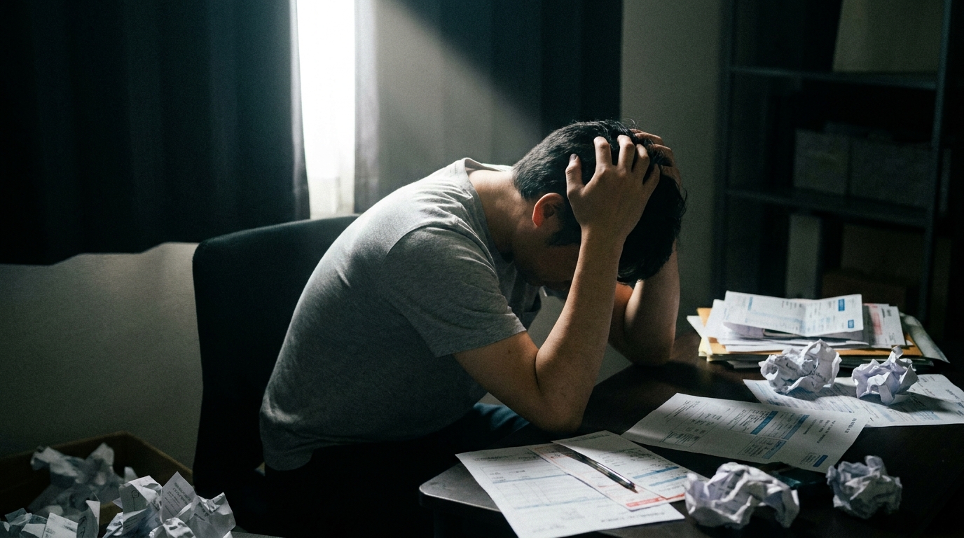 債務整理後に再び借金を抱え、頭を抱えて悩んでいる男性の様子。