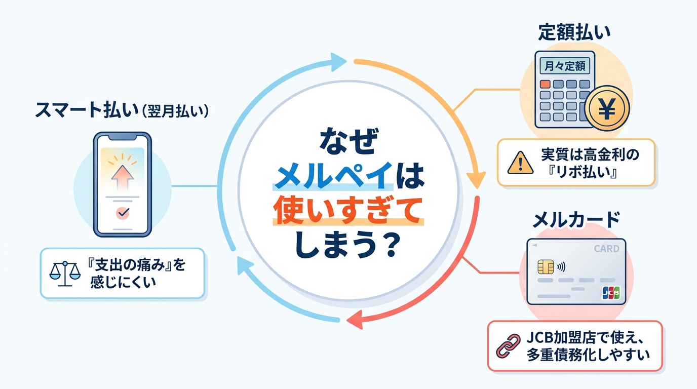 メルペイの支払いが膨らみやすい3つの罠（スマート払い、定額払い、メルカード）の特徴を解説した図解。