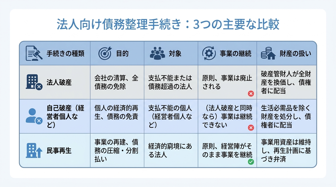 法人破産、自己破産、民事再生の目的や対象、事業継続の可否などを比較した表形式の図解。