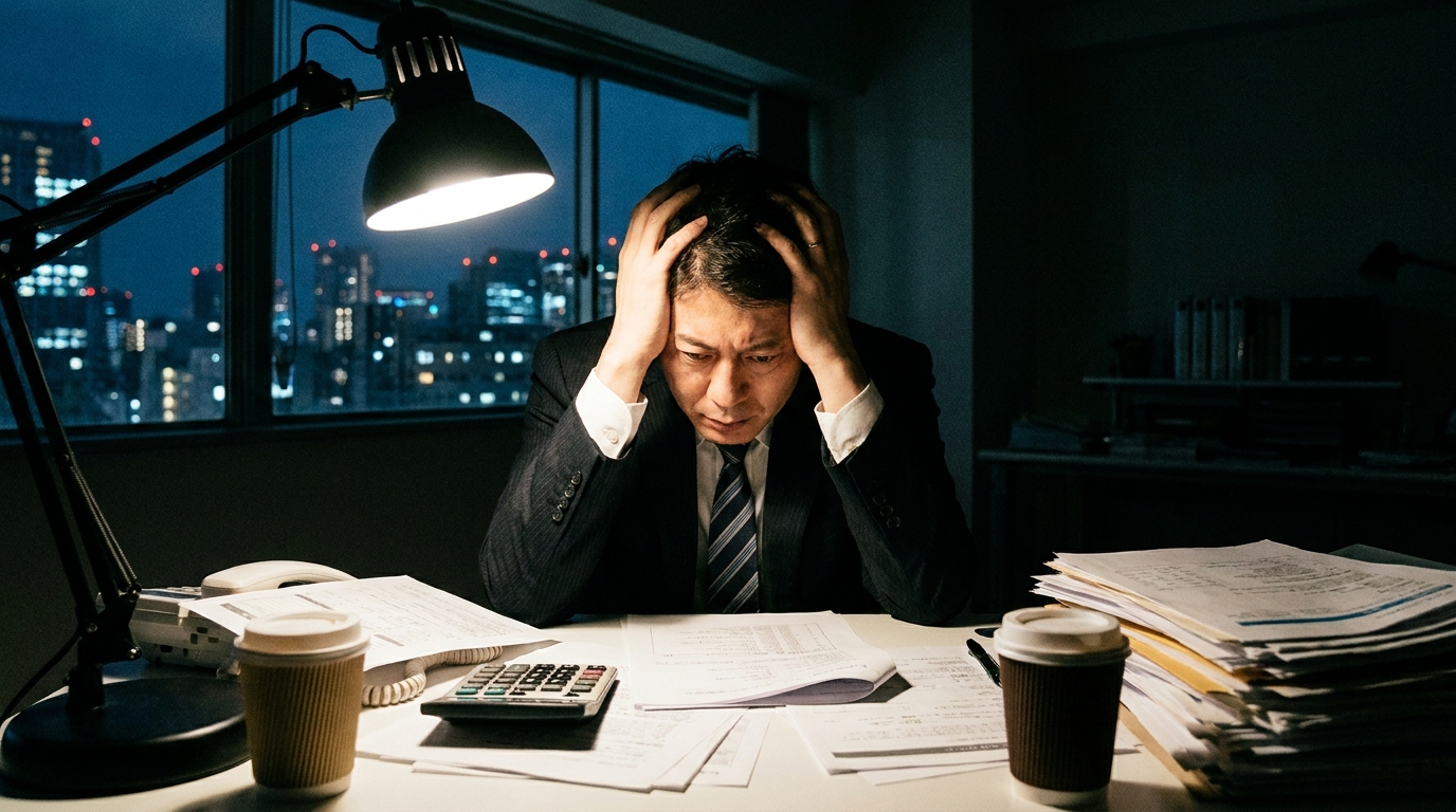 資金繰りに悩み、オフィスで一人頭を抱える経営者の男性