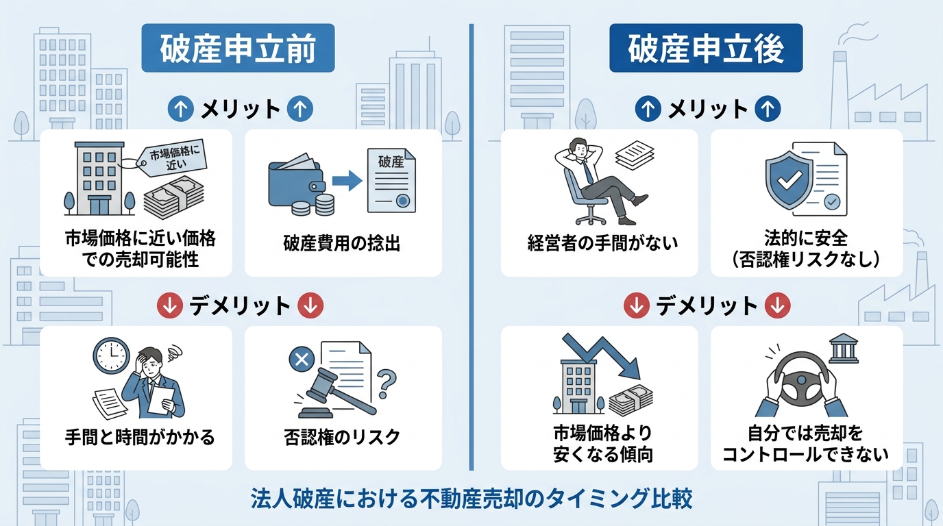法人破産における不動産売却のタイミングを比較した図解。「申立前」は高値で売れる可能性があるが否認権リスクがあり、「申立後」は安全だが価格が安くなる傾向があることを示している。