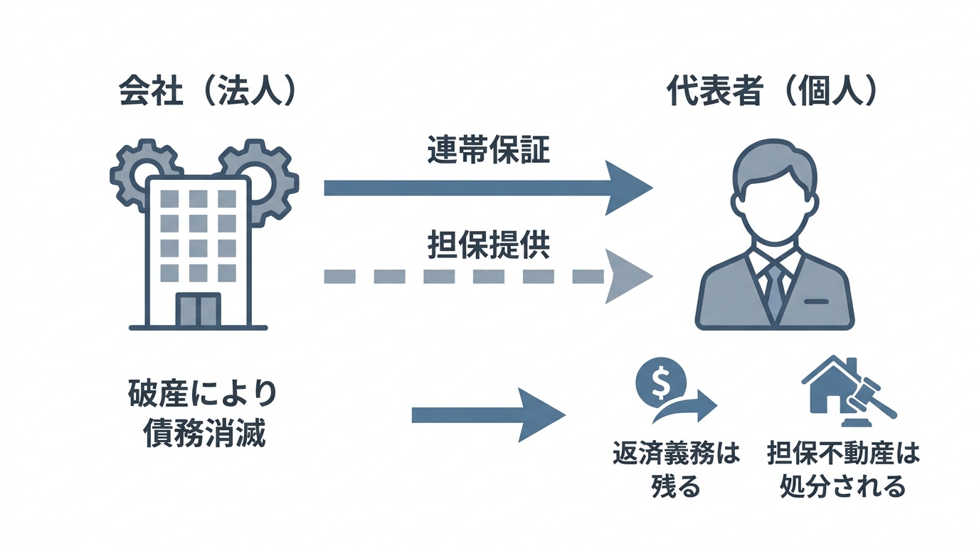 法人破産をしても連帯保証人である代表者個人の返済義務は消えず、担保も処分されることを示す関係図。