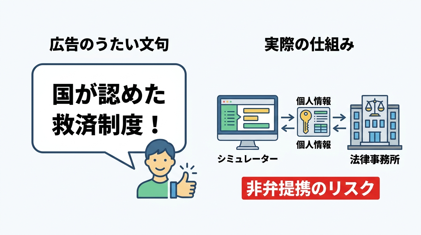 借金減額シミュレーターのからくりを図解。広告の謳い文句と、個人情報が法律事務所に渡る実際の仕組み、そして非弁提携のリスクを解説しています。