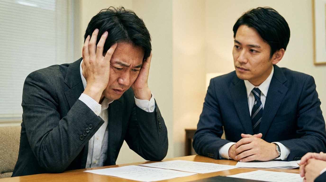 法律事務所で弁護士に相談し、頭を抱える男性。自己破産手続き中のカード利用のリスクについて説明を受けている様子。