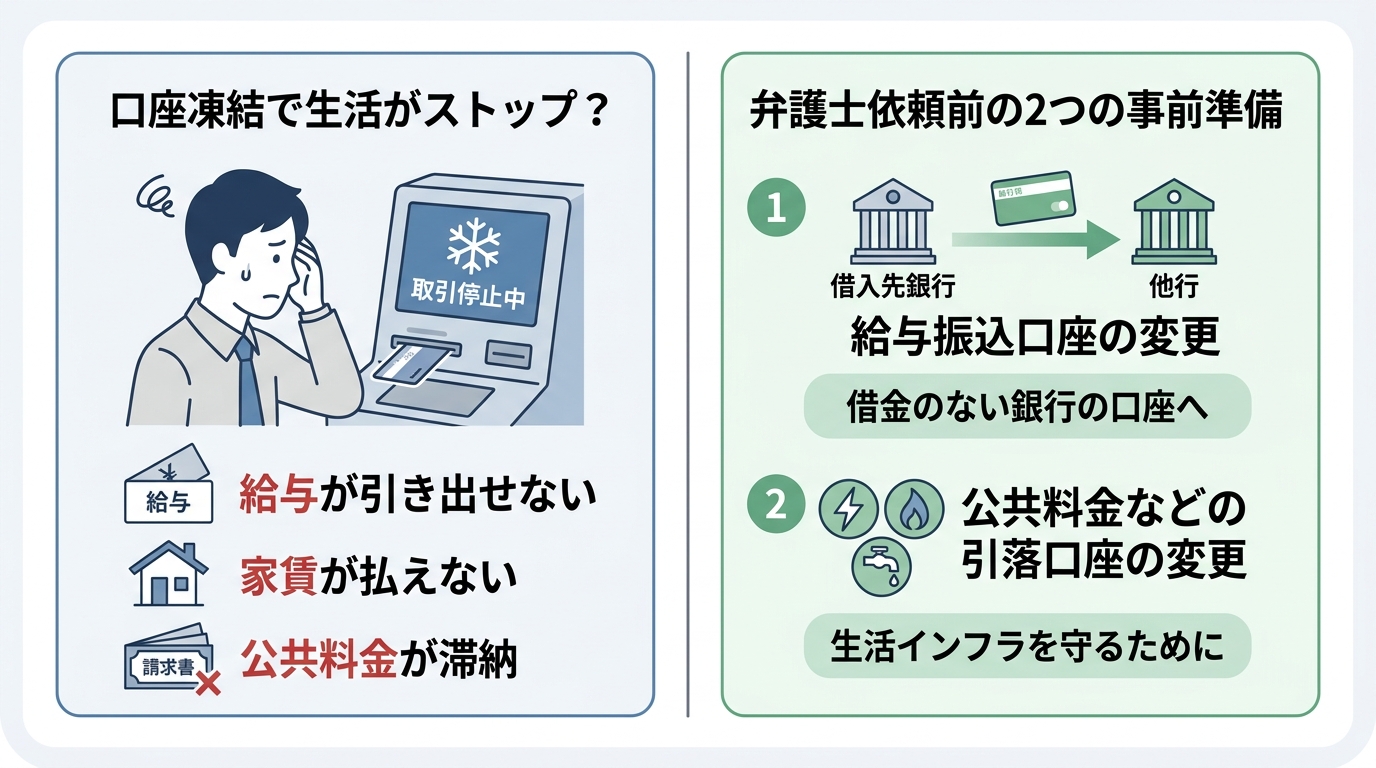 債務整理による口座凍結の対策を示した図解。給与振込口座と公共料金の引落口座を事前に変更することの重要性を説明しています。