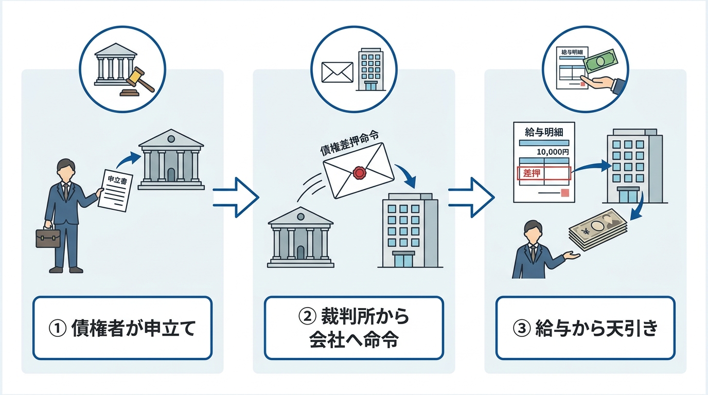 給与差し押さえの仕組みを図解したフローチャート。債権者の申し立てから裁判所命令を経て会社が給与を天引きする流れが描かれている。