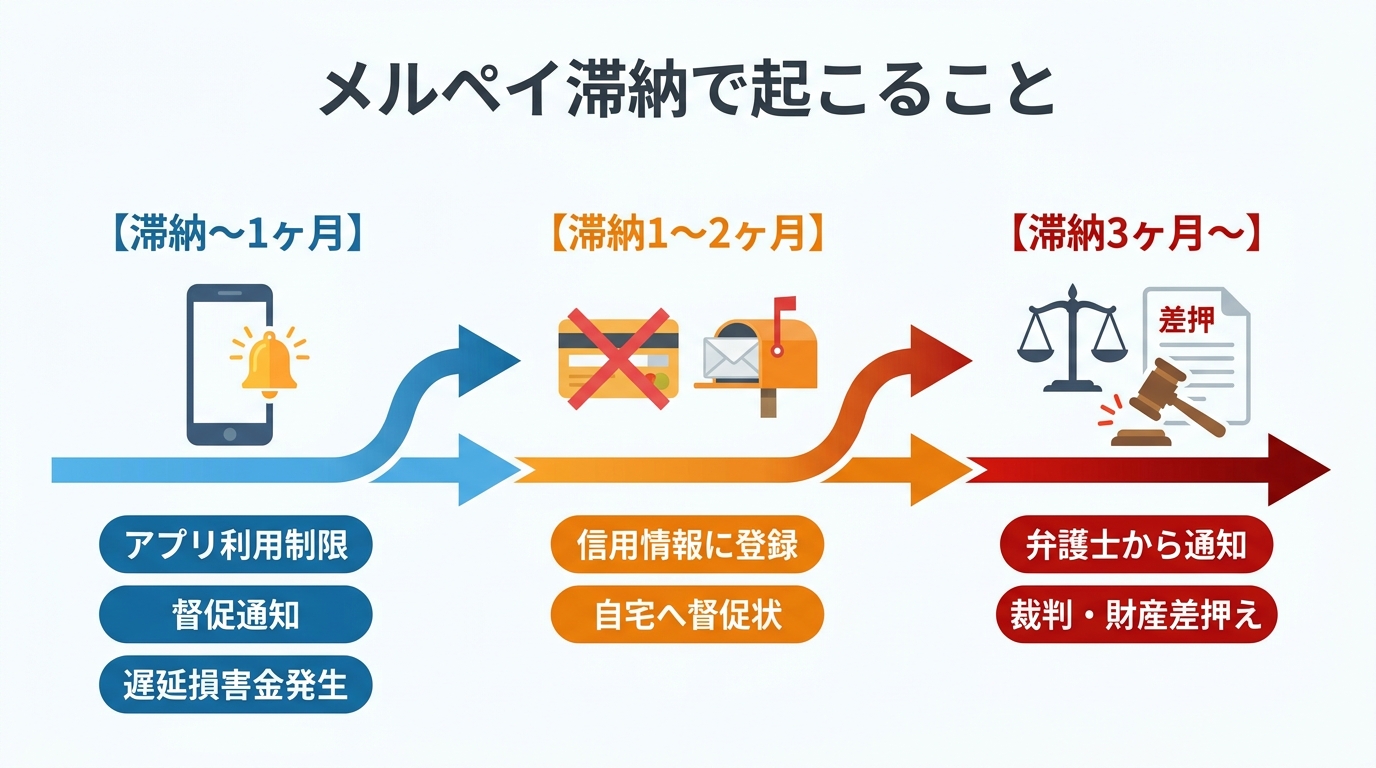 メルペイを滞納した場合に、利用制限から始まり、信用情報登録、最終的に財産差し押さえに至るまでの流れを時系列で示した図解。