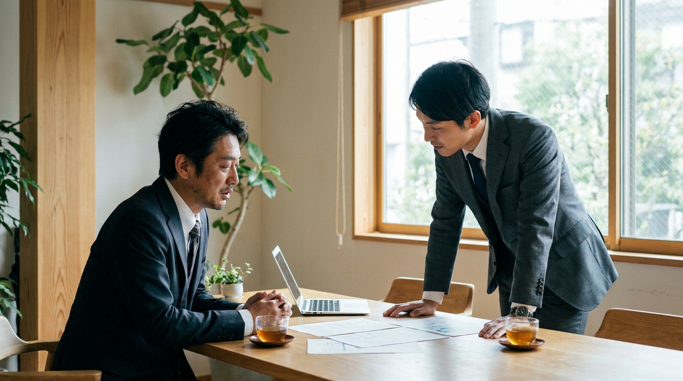弁護士に法人破産の相談をし、少し安堵の表情を浮かべる経営者の男性。