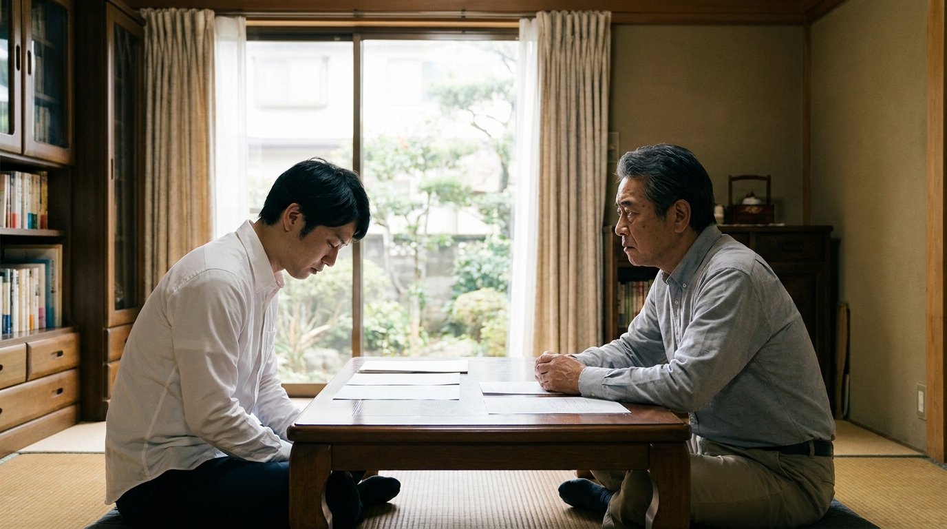 債務整理について、息子が父親である保証人に真剣な表情で打ち明けている様子。誠実な対話の重要性を示唆している。