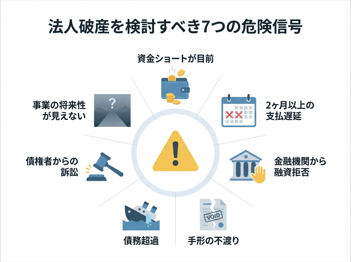 法人破産を検討すべき7つの判断基準を示したチェックリスト形式の図解