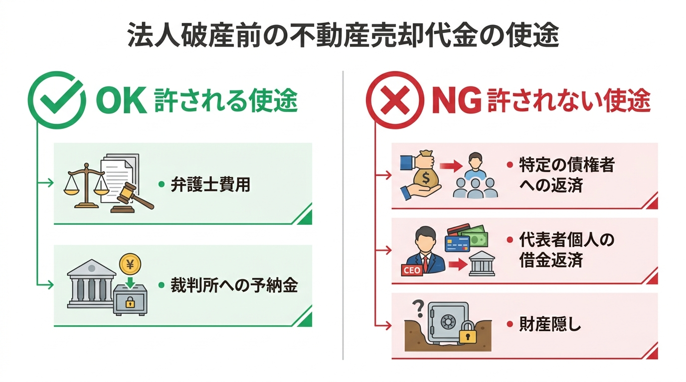 法人破産前の不動産売却代金の使途に関する図解。弁護士費用や予納金は許されるが、特定の債権者への返済や財産隠しは許されないことを示している。