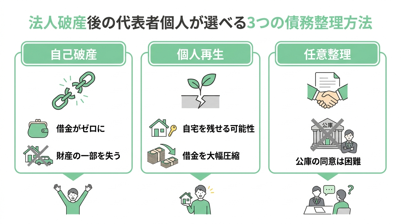 代表者個人が選択できる3つの債務整理方法（自己破産、個人再生、任意整理）のメリット・デメリットを比較した図。