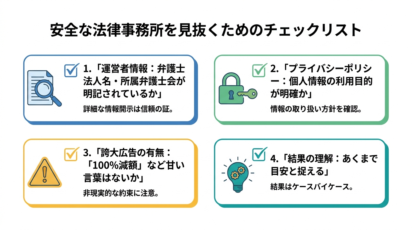 安全な借金減額シミュレーターと法律事務所を選ぶための4つのチェックリスト。運営者情報、プライバシーポリシー、誇大広告の有無、結果の理解について解説。