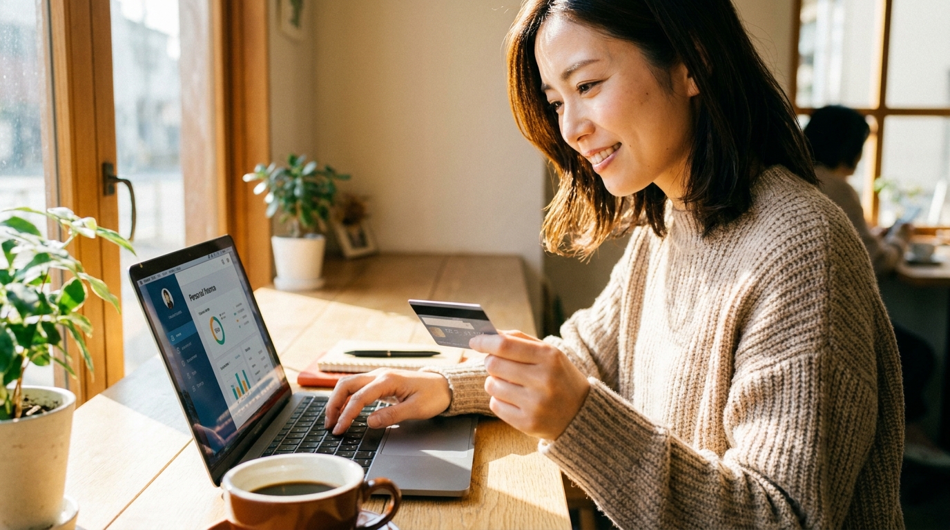 カフェでデビットカードを使い、安心した表情を浮かべる女性。自己破産後の生活再建で代替決済手段を活用しているイメージ。
