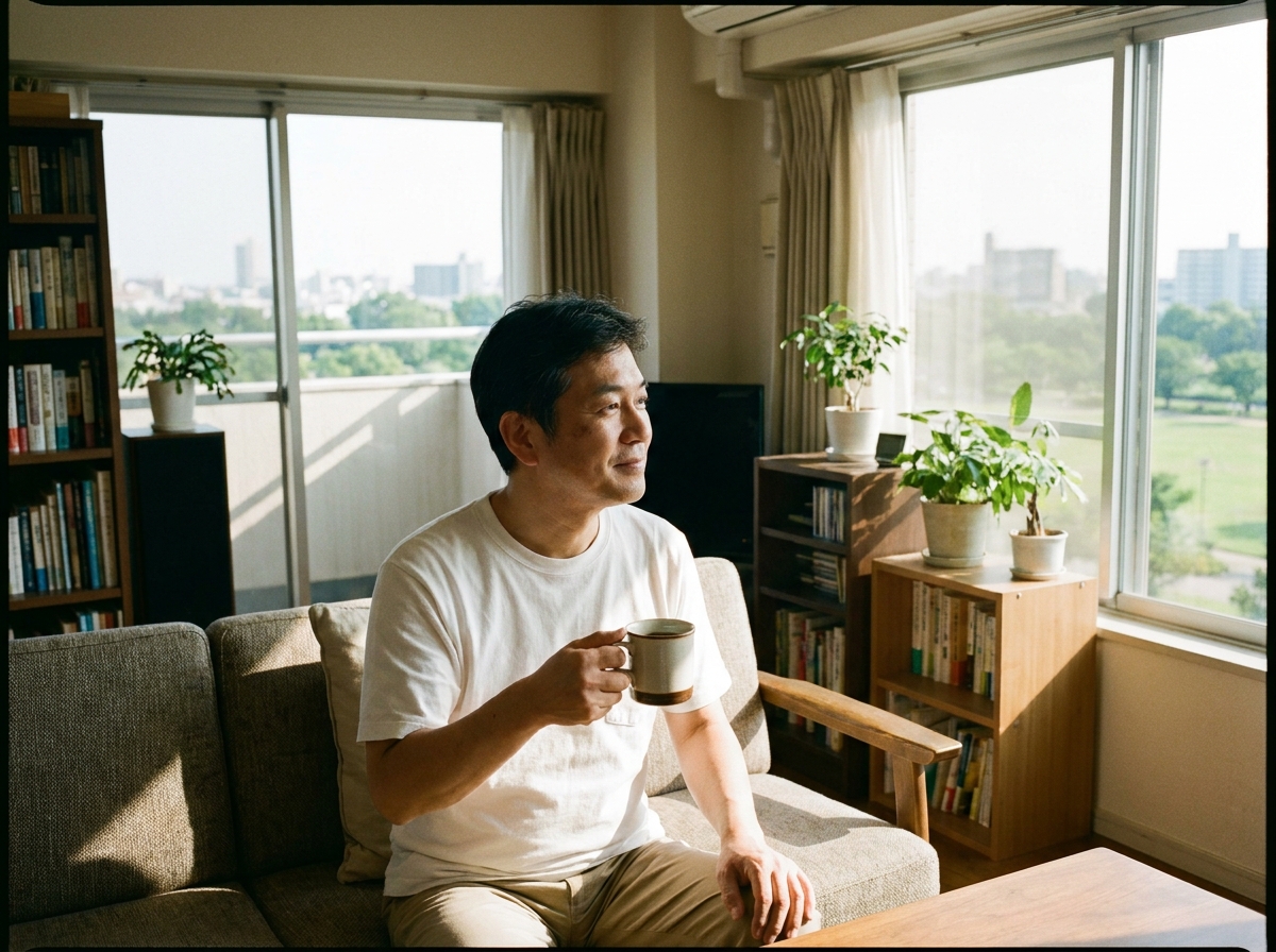 自己破産後の新しい生活を穏やかに始める男性。手元に残る財産と平穏な暮らしを象徴している。