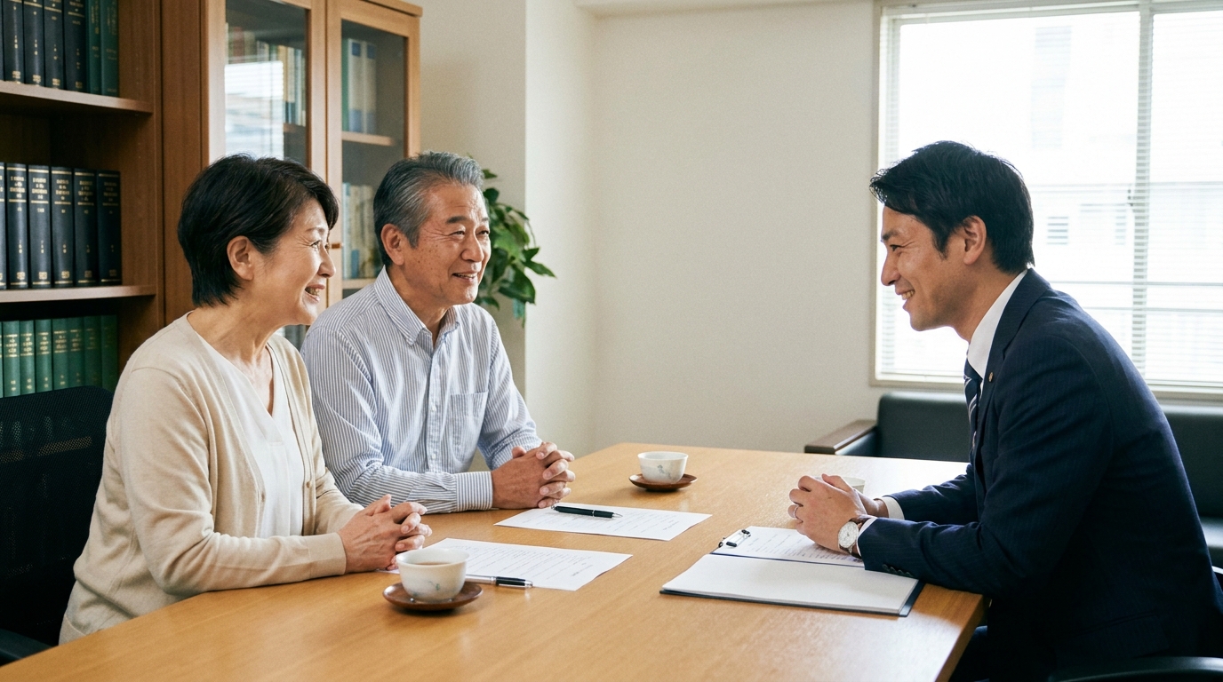 保証人になった夫婦が法律事務所で弁護士に相談し、安心した表情を浮かべている。問題解決への道筋が見えたことを表している。