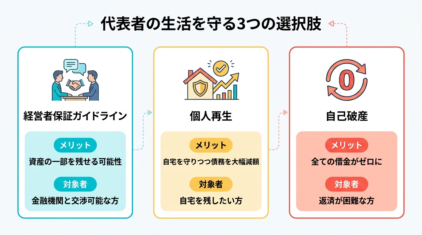 法人破産後の代表者の生活再建のための3つの選択肢（経営者保証ガイドライン、個人再生、自己破産）を比較した図解