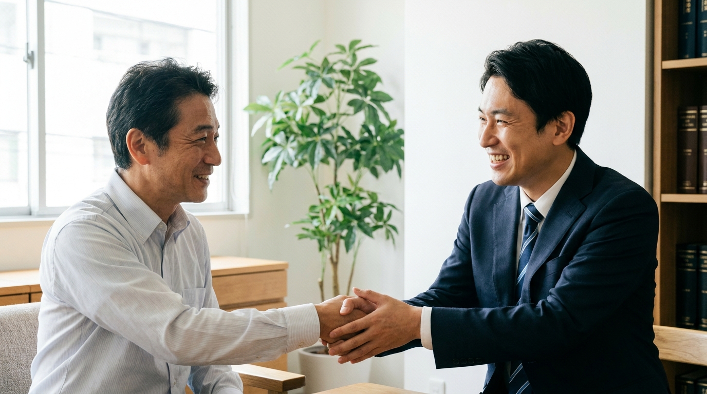 法人破産を決意し、弁護士に相談して安堵の表情を浮かべる経営者。