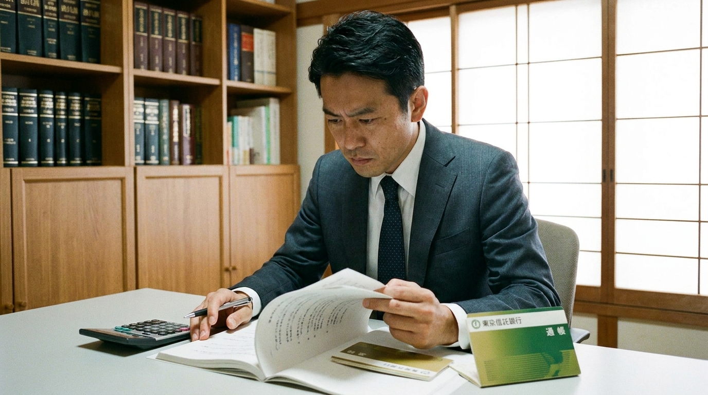 預金通帳と法律書類を確認しながら、依頼者の財産を守るために真剣に検討する弁護士。
