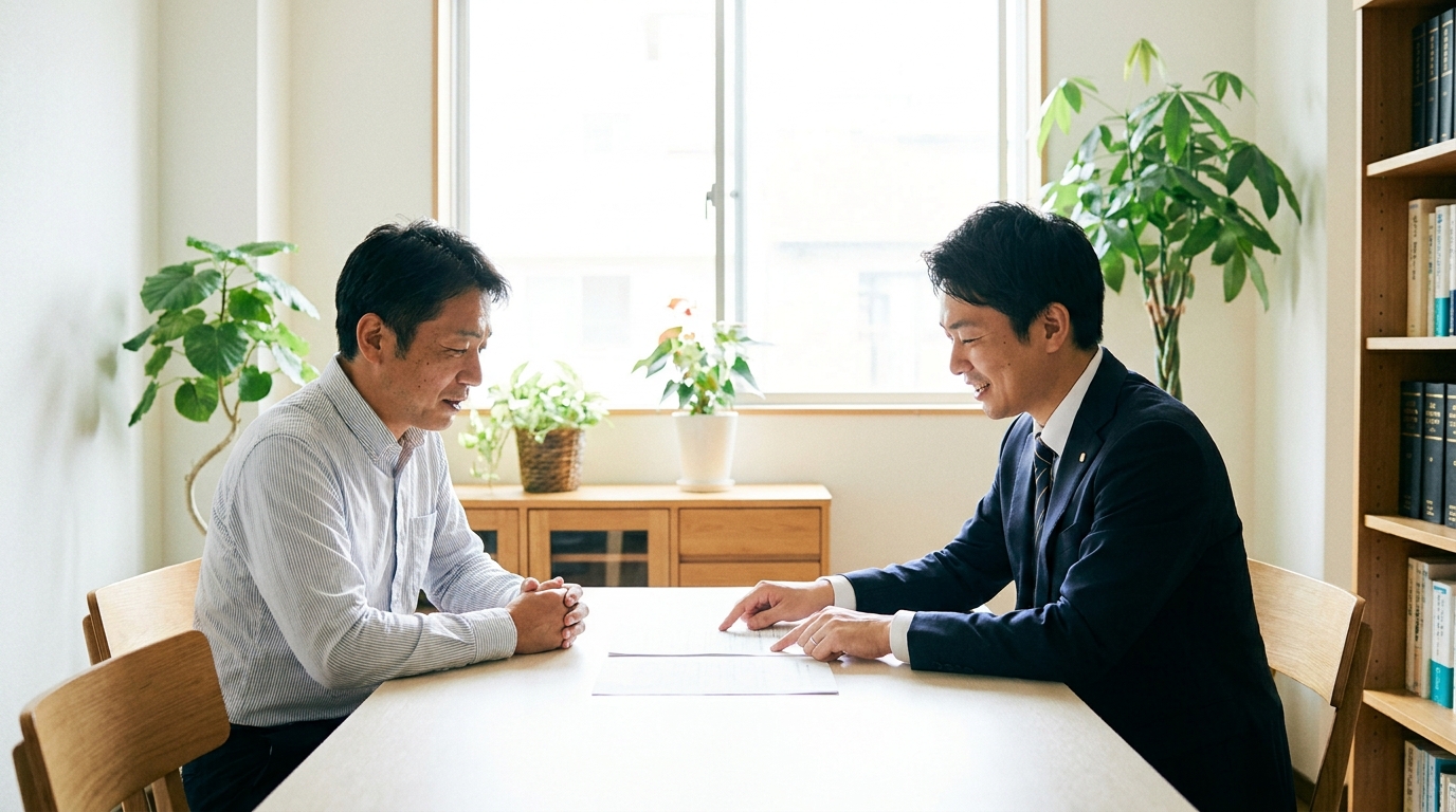 法律事務所で弁護士に相談し、安堵の表情を浮かべる男性。専門家との対話による問題解決のイメージ。