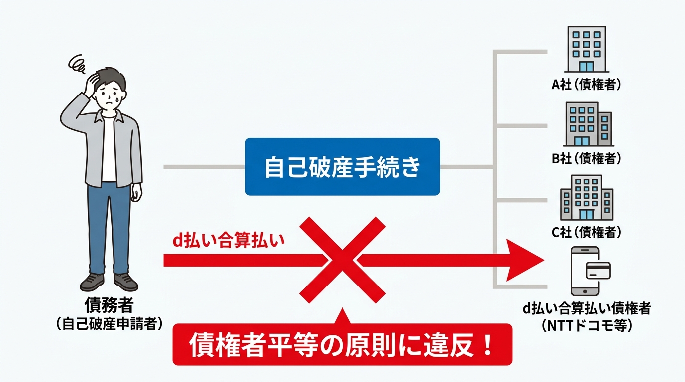 自己破産におけるd払い利用が偏頗弁済にあたる仕組みの図解。特定の債権者であるNTTドコモにだけ返済することになり、債権者平等の原則に違反することを示している。