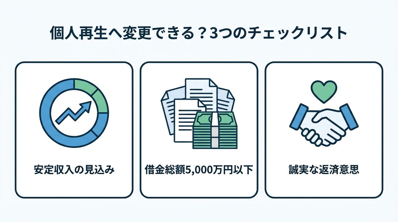 任意整理から個人再生へ変更するための3つの条件を示した図解。安定収入、借金総額5,000万円以下、誠実な返済意思の3点がアイコンと共に示されている。